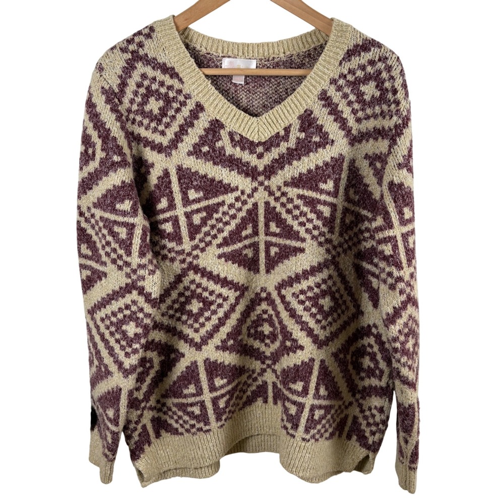 Belle Kim Gravel Geometric V-Neck Sweater‎ Women M Cream Wine Cozy Grandpa